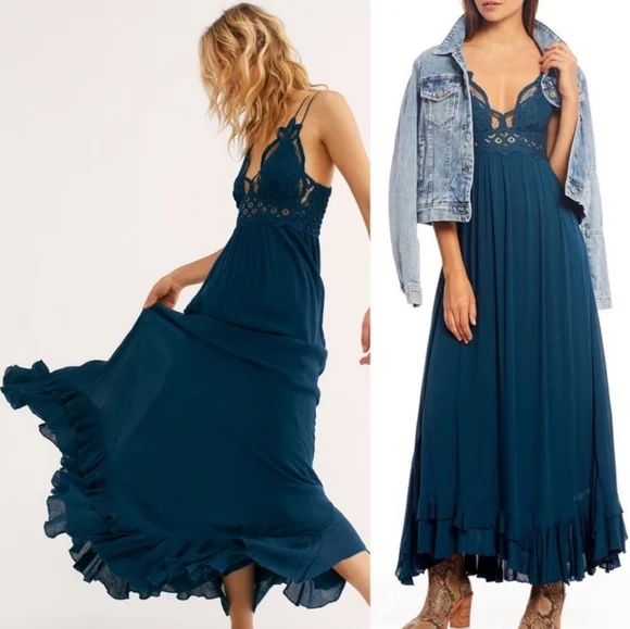 NWOT Free People TEAL Adella Maxi Dress - Picture 2 of 11